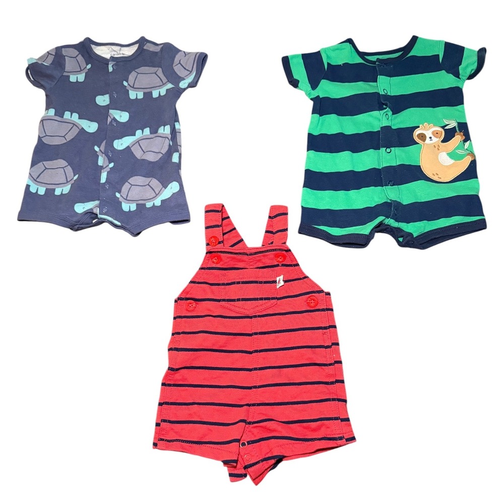 Carter's Romper Bundle‎ Baby Boy 3M Multicolor Turtle Sloth Striped 3Pc